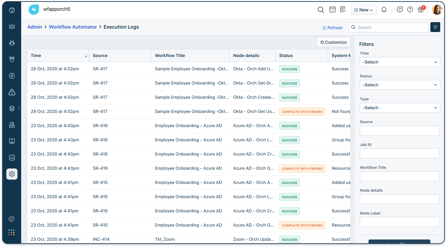 workflow automator log execution